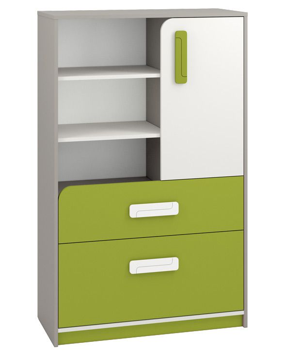 Cameretta - Cassettiera "Renton" 07, grigio platino / bianco / verde - 140 x 92 x 40 cm (h x l x p), 1 anta, 2 cassetti e 6 scomparti