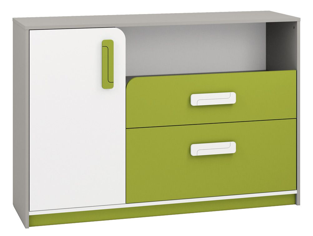 Cameretta - Cassettiera "Renton" 09, grigio platino / bianco / verde - 94 x 138 x 40 cm (h x l x p), 1 anta, 2 cassetti e 4 scomparti