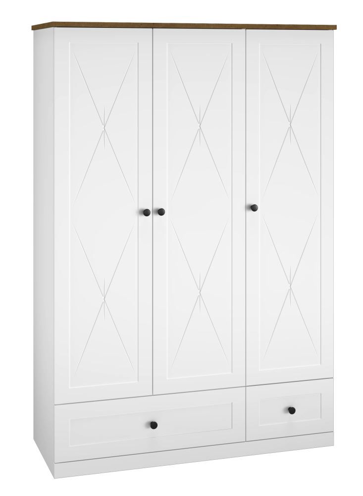 Armadio ad ante battenti "Oulainen" 02, bianco / rovere - 200 x 137 x 54 cm (h x l x p), 3 ante, 2 cassetti e 6 scomparti