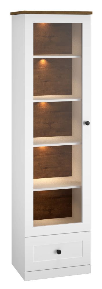 Vetrinetta "Oulainen" 04, bianco / rovere - 200 x 55 x 40 cm (h x l x p), 1 anta, 1 cassetto e 5 scomparti