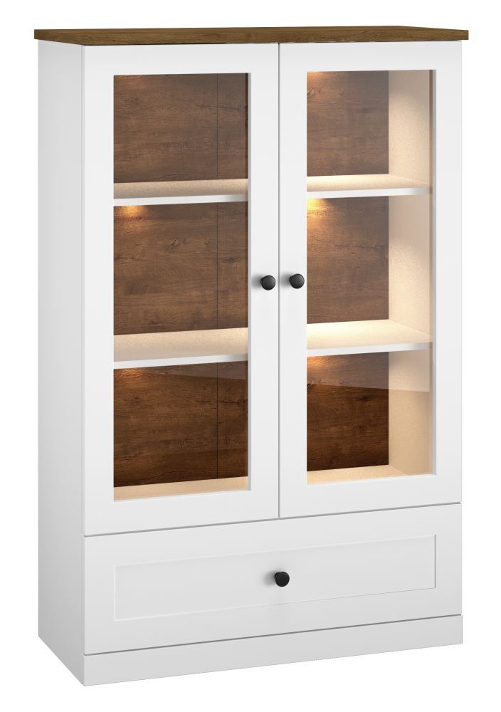 Vetrinetta "Oulainen" 05, bianco / rovere - 140 x 92 x 40 cm (h x l x p), 2 ante, 1 cassetto e 3 scomparti