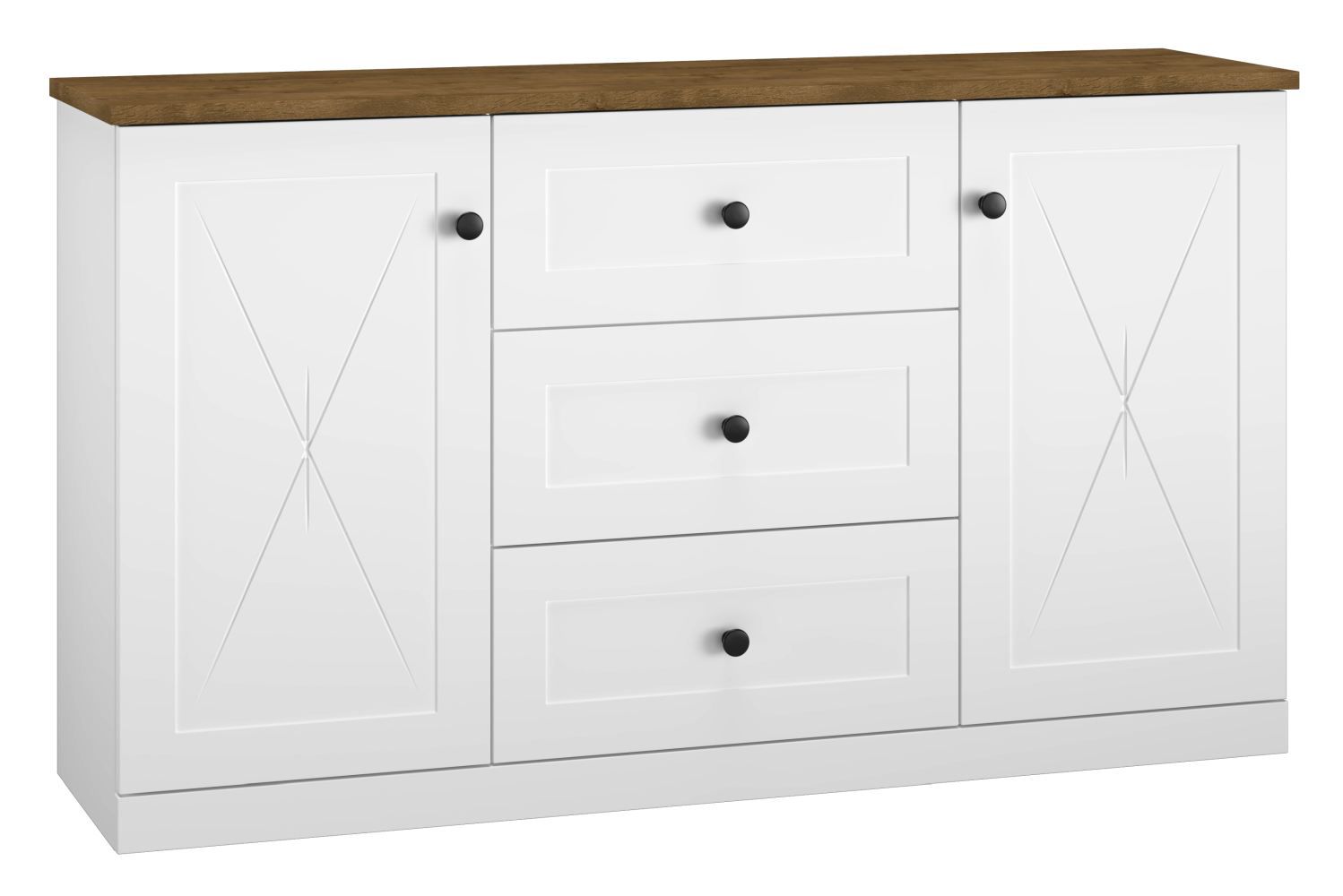 Cassettiera "Oulainen" 06, bianco / rovere - 86 x 150 x 40 cm (h x l x p), 2 ante, 3 cassetti e 4 scomparti