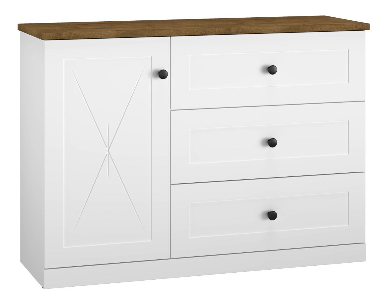 Cassettiera "Oulainen" 08, bianco / rovere - 86 x 120 x 40 cm (h x l x p), 1 anta, 3 cassetti e 2 scomparti