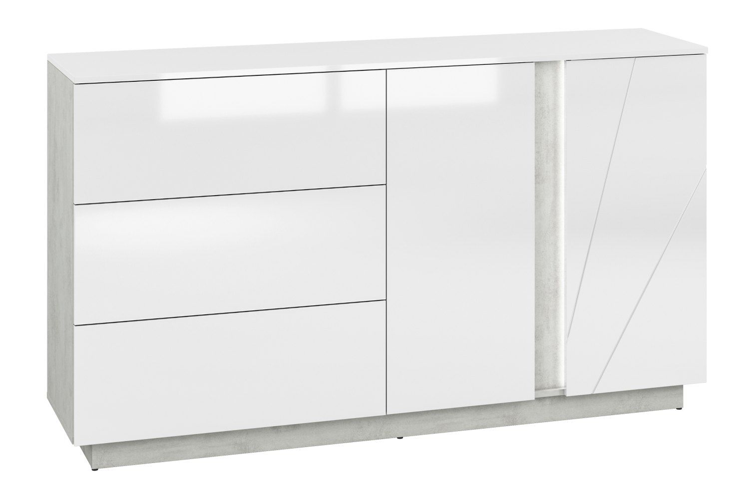 Madia "Antioch" 06, bianco lucido / grigio chiaro - 95 x 165 x 40 cm (h x l x p), 2 ante, 3 cassetti e 4 scomparti