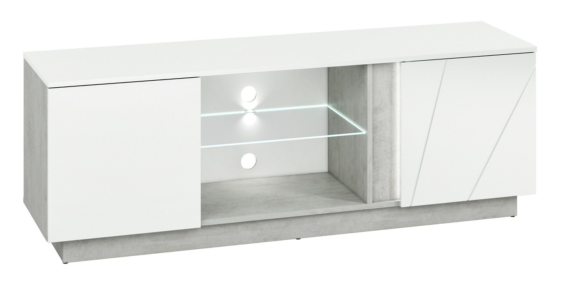 Mobile TV "Antioch" 09, bianco lucido / grigio chiaro - 53 x 150 x 40 cm (h x l x p), 2 ante e 6 scomparti