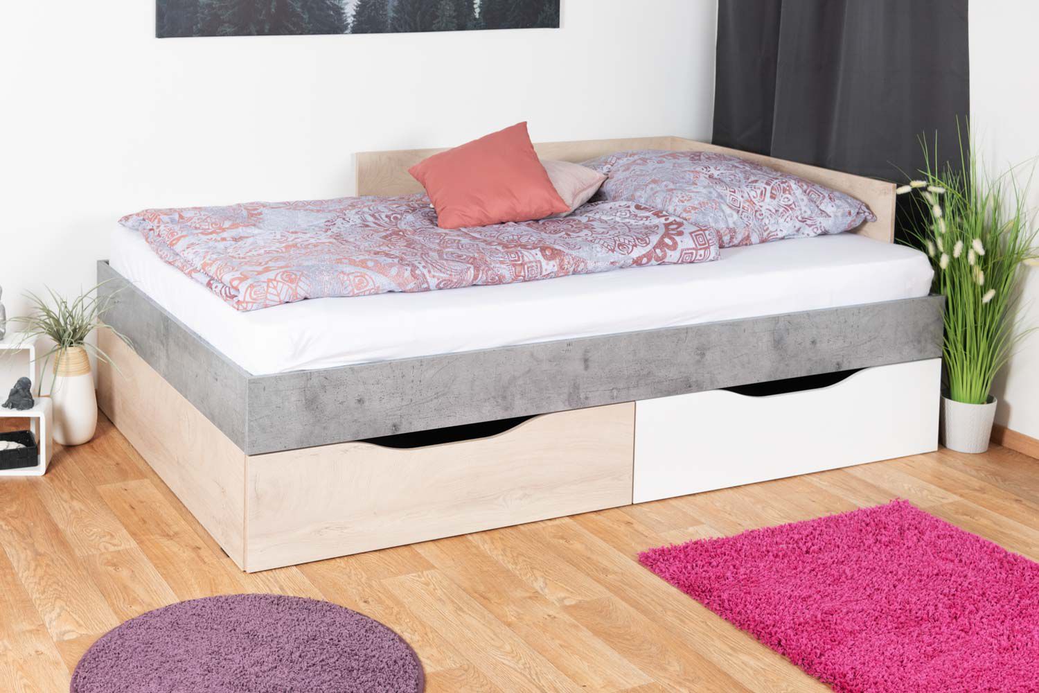 Letto una piazza e mezza per bambini Lede 16, grigio / rovere / bianco - 120 x 200 cm