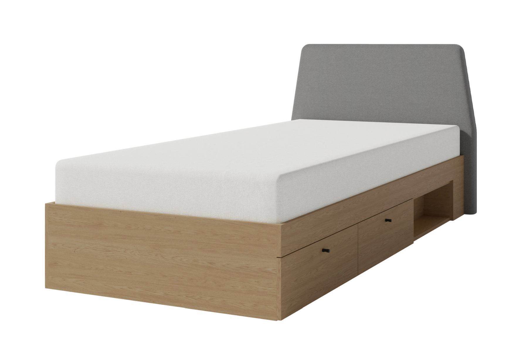 Letto singolo con 2 cassetti Sampont 12, rovere scuro, superficie di appoggio 90 x 200 cm, bordi in ABS, comodo letto per ospiti, pannello forato come rete a doghe