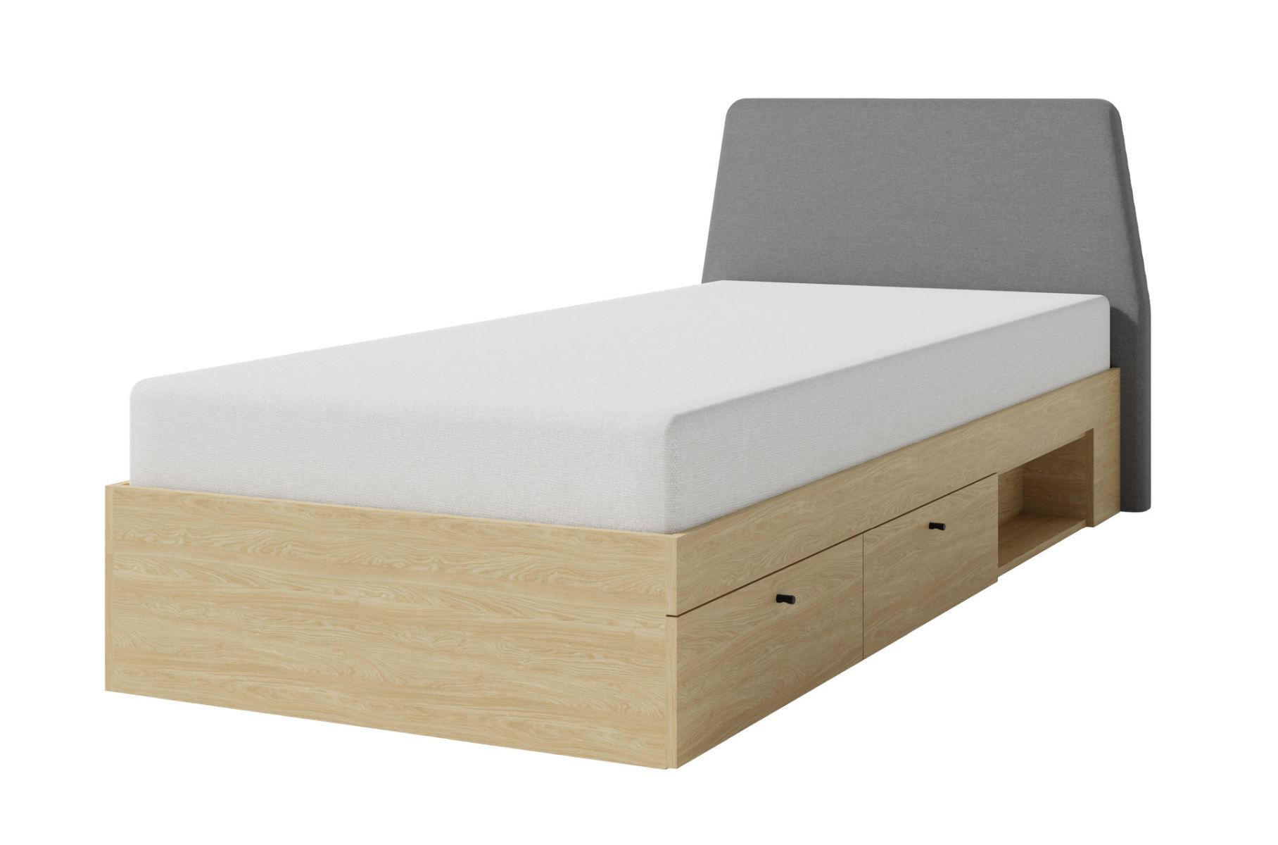 Letto singolo con 2 cassetti Sampont 12, rovere chiaro, superficie di appoggio 90 x 200 cm, bordi in ABS, comodo letto per ospiti, pannello forato come rete a doghe