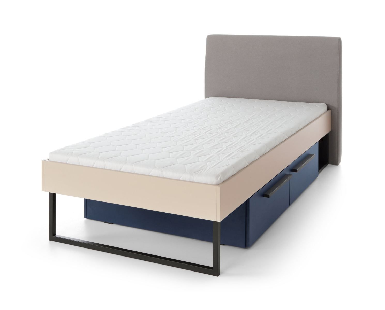 Authie 12 letto singolo con 2 cassetti, beige / blu scuro, superficie di appoggio 90 x 200 cm, bordi in ABS, comodo letto per ospiti, pannello forato come rete a doghe