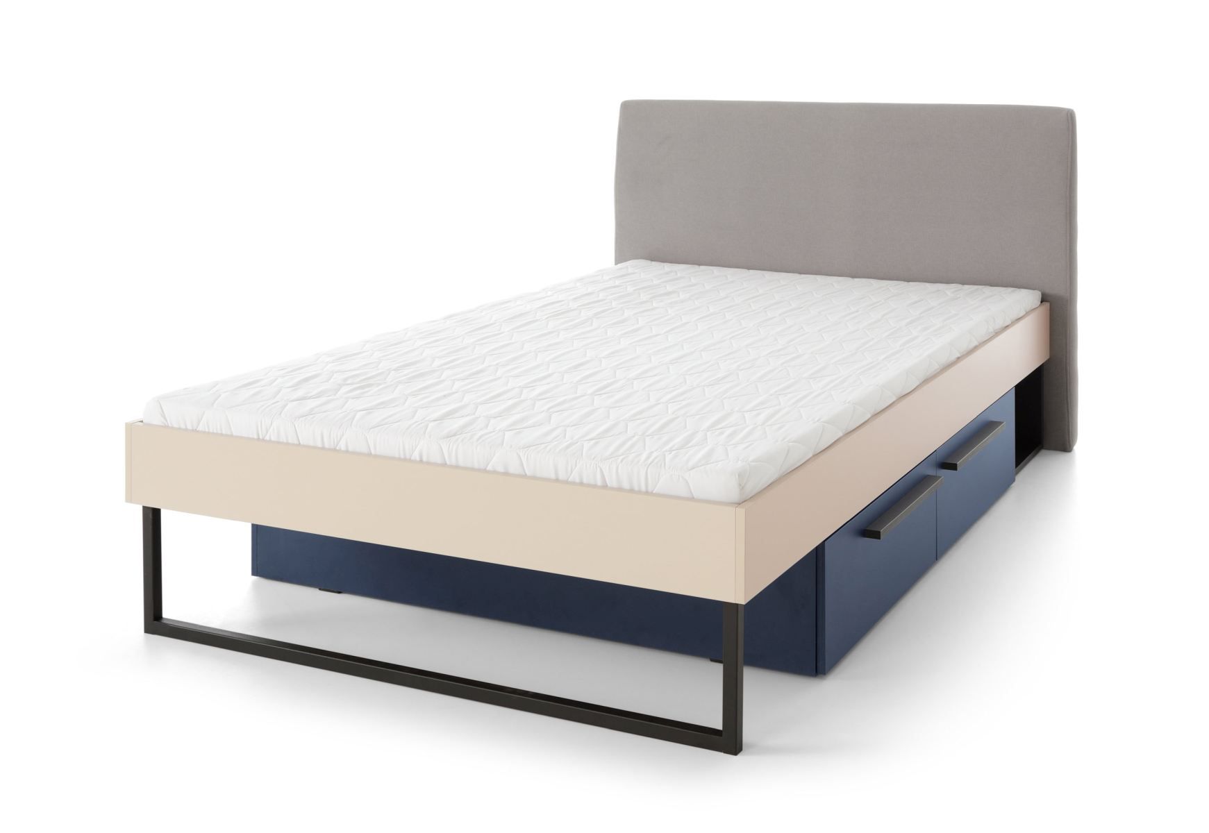 Letto singolo moderno con 2 cassetti Authie 13, beige / blu scuro, superficie di appoggio 120 x 200 cm, bordi in ABS, comodo letto per ospiti, pannello forato come rete a doghe