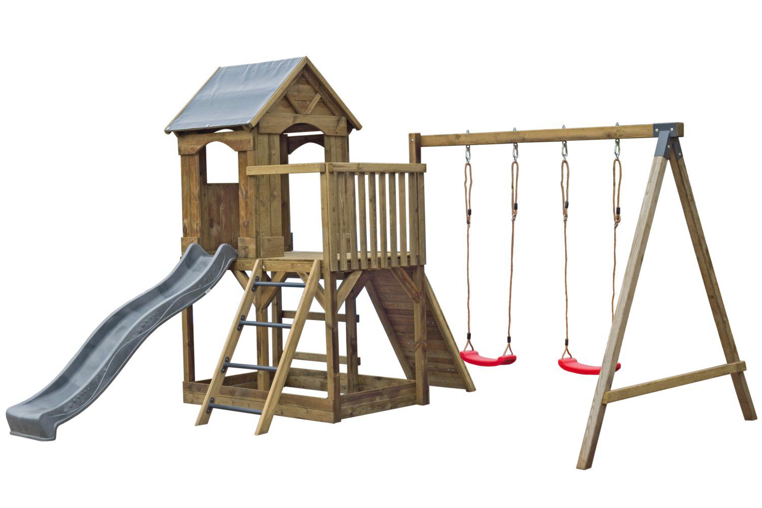 Torretta gioco "S2B", incl. scivolo a onde, altalena doppia, balcone, sabbiera e rampa da arrampicata - 400 x 390 cm (l x p)