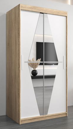 Armadio ad ante scorrevoli Alphubel 01 con specchio, rovere Sonoma / bianco opaco - 200 x 100 x 62 cm (h x l x p)