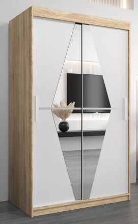 Armadio ad ante scorrevoli Alphubel 02 con specchio, rovere Sonoma / bianco opaco - 200 x 120 x 62 cm (h x l x p)