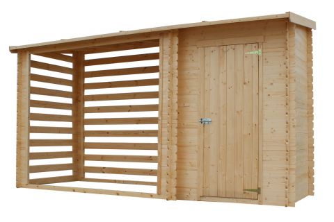 Tettoia per legna con ripostiglio - 332 x 118 x 199 cm (l x p x h), spessore 19 mm - incl.  cartone catramato