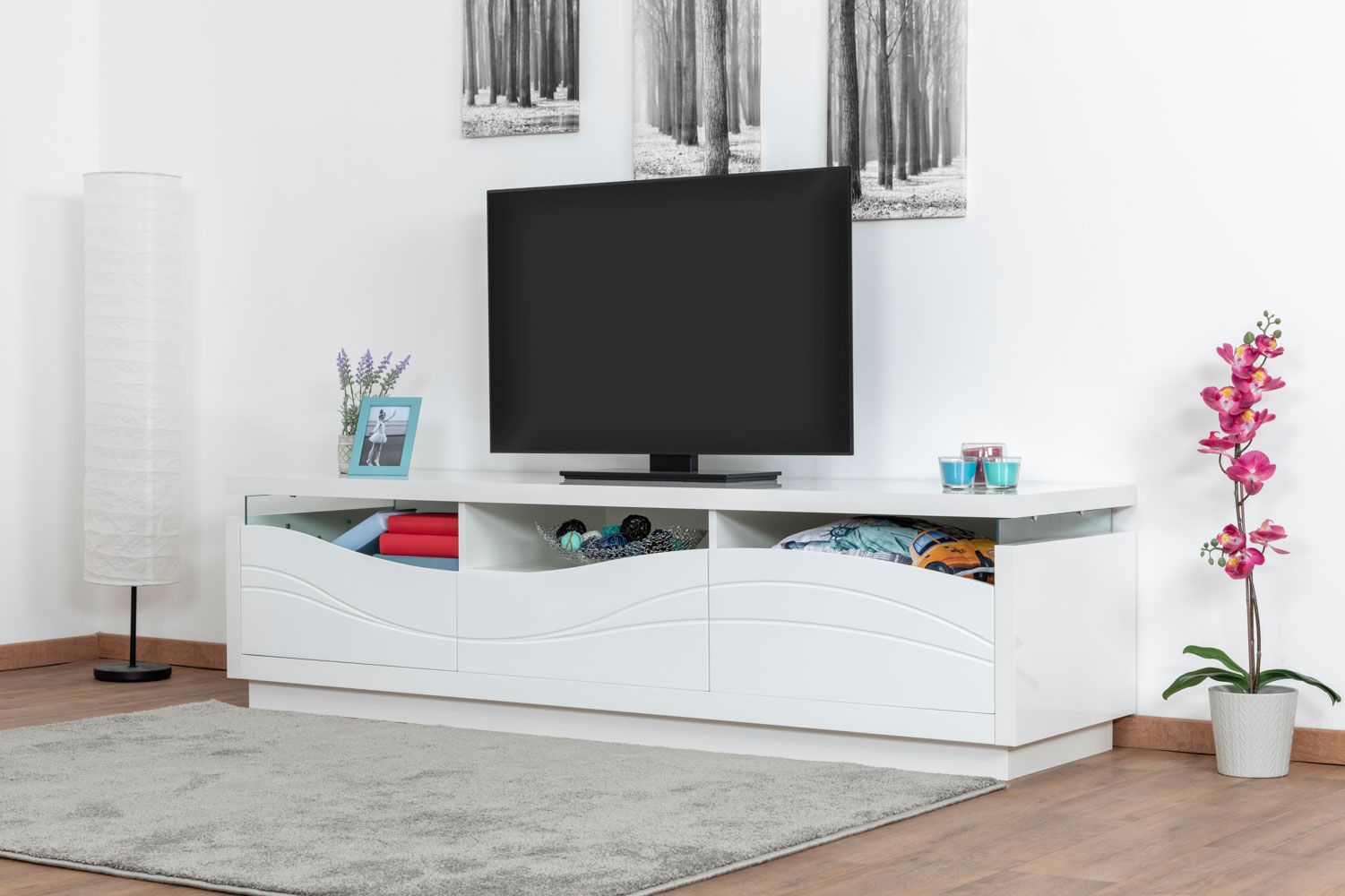 Mobile TV "Patamea" 03, bianco lucido - 48 x 180 x 50 cm (h x l x p)