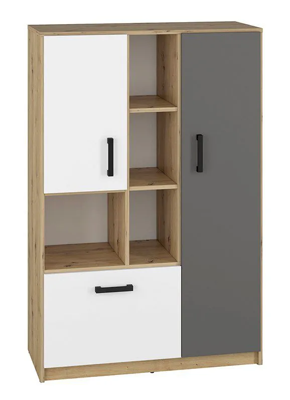 Cameretta - Cassettiera "Sallingsund" 05, rovere / bianco / antracite - 139 x 92 x 40 cm (h x l x p), 2 ante, 1 cassetto e 9 scomparti