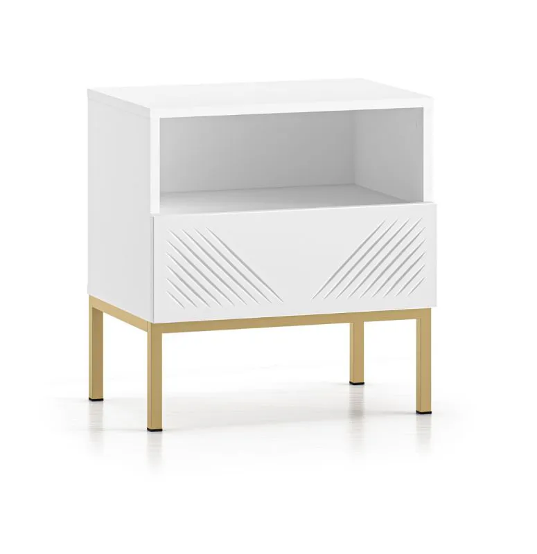 Comodino semplice con un cassetto Taos 20, colore: bianco opaco, chiusura ammortizzata, dimensioni: 53 x 50 x 34 cm, gambe: oro, con un vano, funzione push-to-open