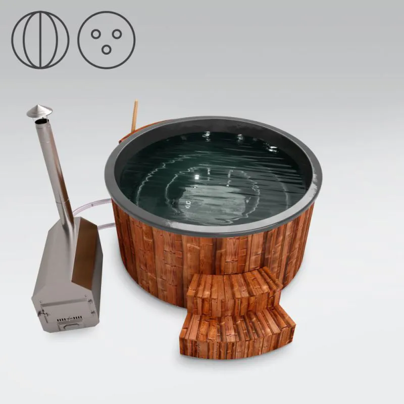 Vasca da bagno per esterni 01 in legno termotrattato con illuminazione a LED, copertura termica e isolamento termico, vasca: antracite, diametro interno: 200 cm