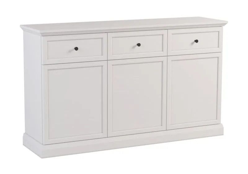 Pratica cassettiera/seduta Torsakala 02 nel colore: bianco opalino con 3 cassetti, 3 ripiani, 3 ante, 86 x 146 x 40 cm, protezione bordi in ABS