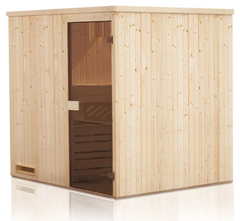 Sauna prefabbricata "Kawir" 68 mm con tetto con bordino - misure esterne (l x p x h): 144 x 144 x 199 cm