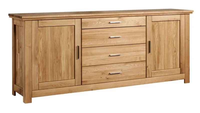 Cassettiera moderna / credenza con quattro cassetti in rovere massiccio Floresta 11, naturale, molto stabile, 90 x 212 x 48 cm, due ante, effetto venatura viva