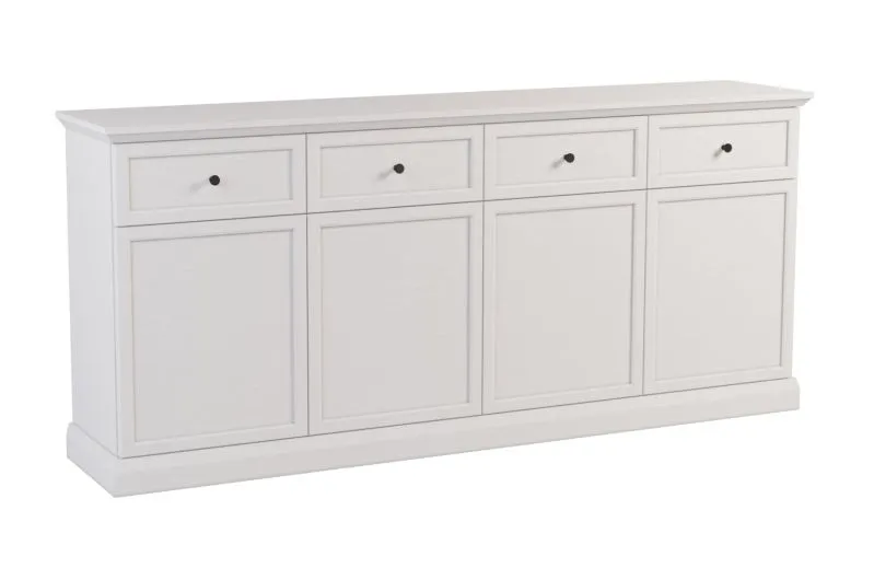 Ampia cassettiera con molto spazio Torsakala 03 in bianco opalino, 86 x 193 x 67 cm, 4 ante, 4 cassetti, 4 ripiani, 8 scomparti, protezione bordi in ABS