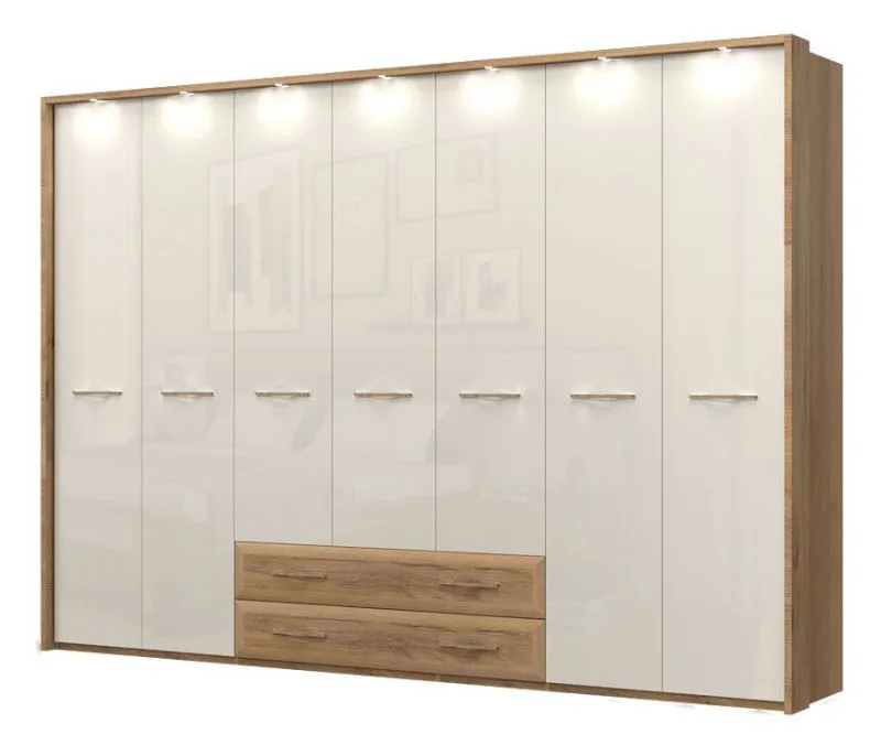 Armadio ad ante battenti Gataivai 60 incl. illuminazione a LED, beige lucido / noce - misure: 224 x 272 x 56 cm (h x l x p)