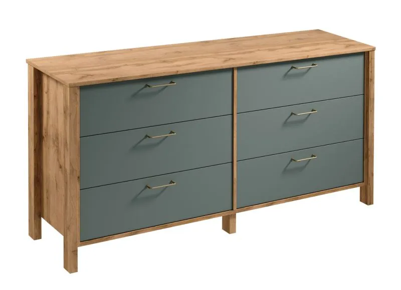 Cassettiera / credenza Braianik 21, colore: rovere Wotan / verde, 81 x 171 x 47 cm, maniglie in metallo, 6 cassetti spaziosi, soggiorno, camera da letto