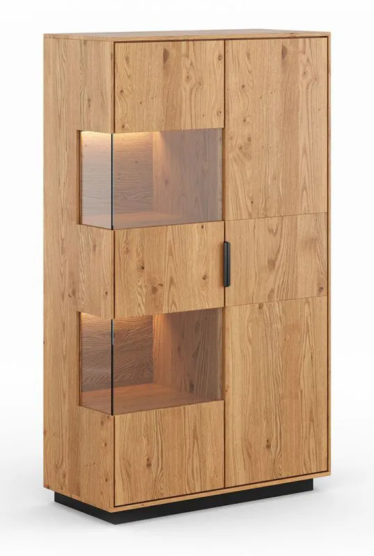 Vetrina Rania 03 con 2 ante, 7 ripiani, 10 scomparti, 147 x 83 x 39 cm, chiusura ammortizzata, illuminazione LED inclusa, in rovere naturale, legno massiccio oliato