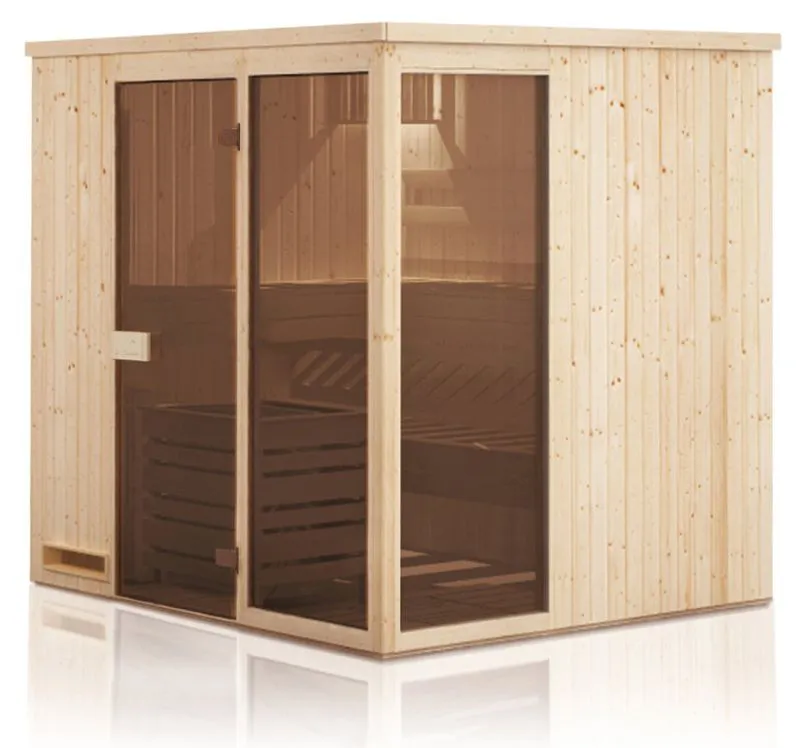 Sauna prefabbricata "Kawir" 68 mm con 2 finestre e tetto con bordino - misure esterne (l x p x h): 244 x 194 x 199 cm