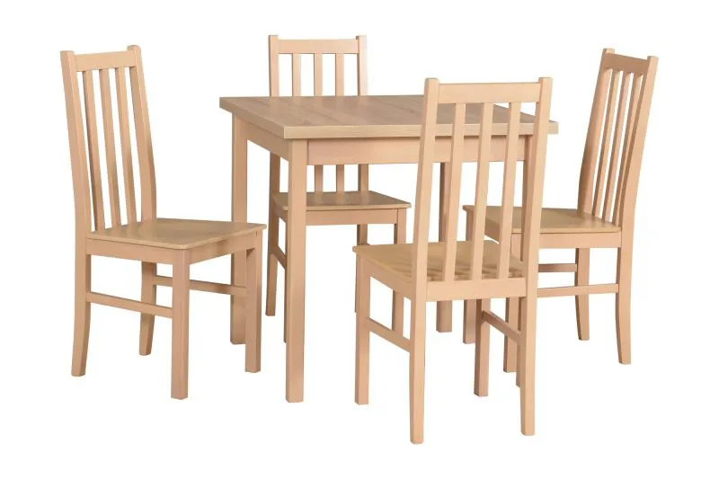 Set completo per sala da pranzo F, 5 pezzi, colore legno: rovere, design semplice, 4 sedie in legno massiccio, tavolo robusto, salvaspazio, design solido