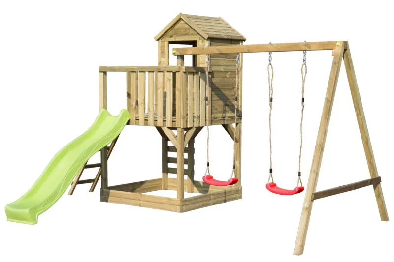 Torretta gioco "S4A", incl. scivolo a onde, altalena doppia, balcone, sabbiera, parete da arrampicata e scala in legno - 450 x 330 cm (l x p)